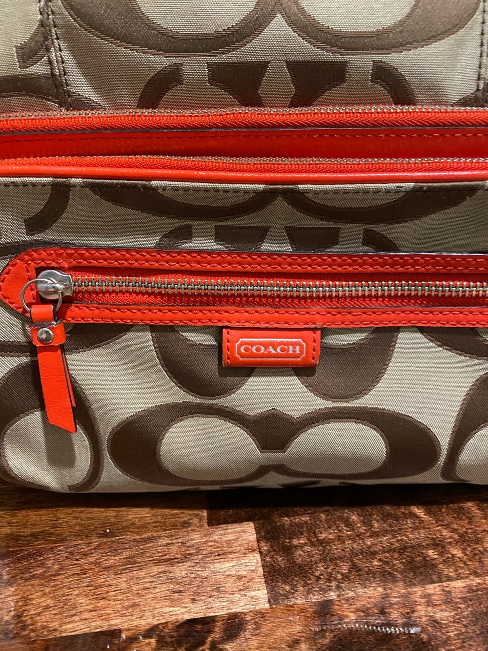Coach Women Signature Canvas Backpack in Khaki with Orange Trim - Picture 2 of 16